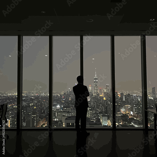 Silhouette: Businessman Gazing Out Office Window Thoughtfully