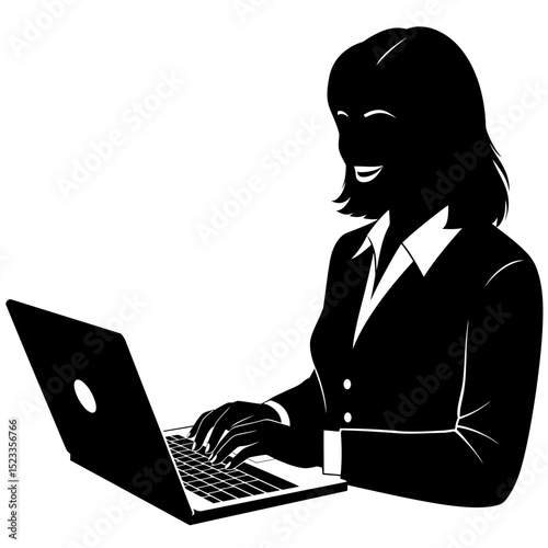 Silhouette: Smiling Caucasian Woman Entrepreneur on Laptop