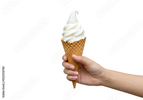 Isolated Hand Holding Vanilla Ice Cream Cone Dessert on Transparent
