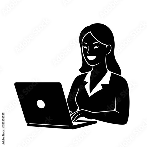 Silhouette: Happy Caucasian Female Entrepreneur Working on Laptop