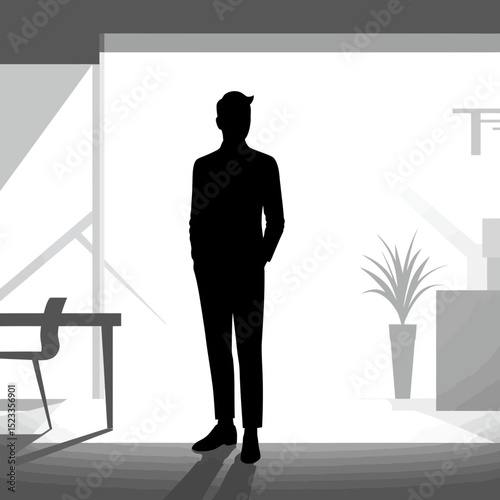 Silhouette: Confident Non-Binary Entrepreneur in Modern Office