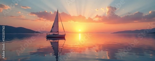A small sailboat gently rests on calm, tranquil water at sunset, its sails furled The peaceful scene reflects the serenity of nature and the quiet beauty of a still day , reflection, rope, river