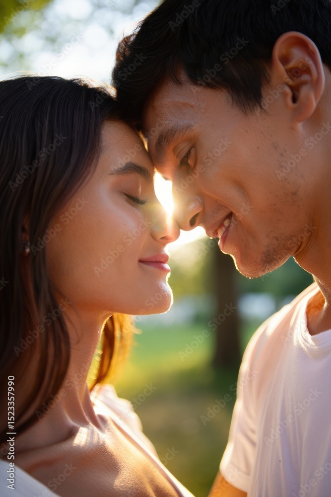 Close-up of a young couple tenderly touching foreheads with eyes closed and smiling softly in warm natural light outdoors Close-up of a young couple tenderly touching foreheads with eyes closed and smiling softly in warm natural light outdoors