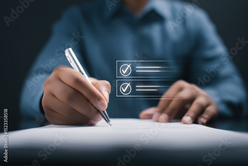 Businessman completing online survey form by ticking checkbox on virtual screen, innovative technology for efficient data collection