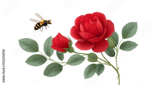 A red rose with a bee in flight  long title A beautifully vibrant red rose with lush green leaves accompanied by a flying honeybee set against a