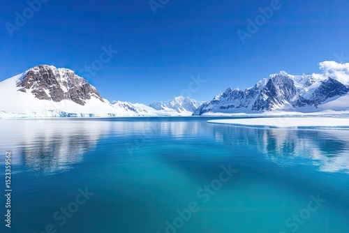 Snowy mountains meet the tranquil blue water under a clear sky in an arctic landscape