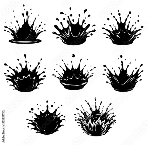 Splash silhouette with droplets. Water drops shapes, liquid burst splashes and ink blot hand drawn vector set of silhouette droplet