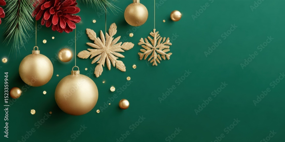 Naklejka premium Colorful Christmas decorations hanging on a vibrant green wall, creating a festive holiday display.