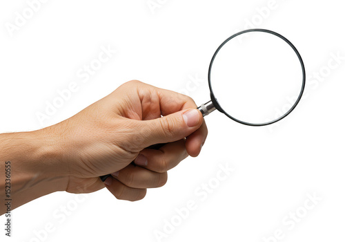 Hand Holding Magnifying Glass on Transparent Background for Inspection