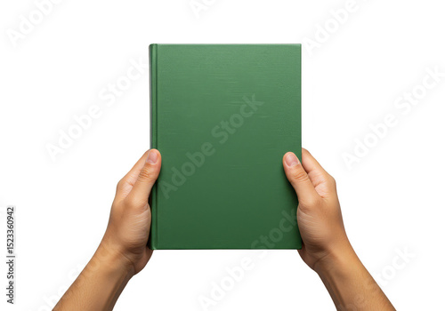 Hands Holding A Green Hardcover Book Isolated Against Transparent Background