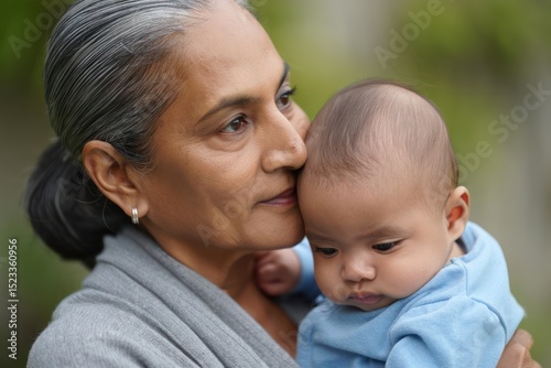 An elderly woman tenderly holding and embracing a baby wrapped in a blue blanket outdoors with a calm and loving expression