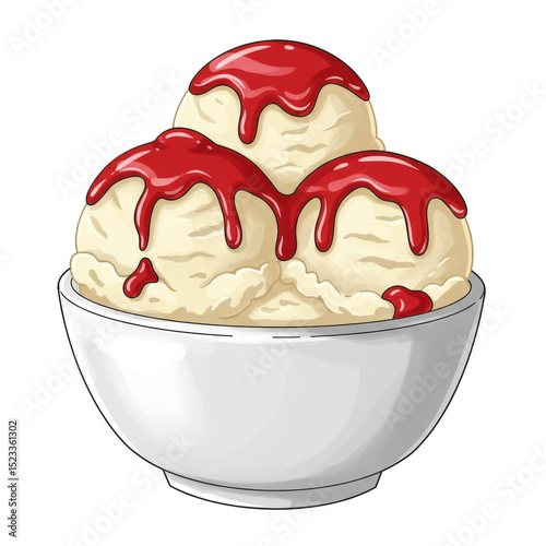 Illustration of Vanilla Ice Cream Scoops with Red Sauce in a White Bowl