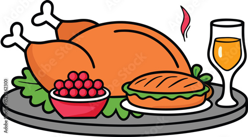 Roasted turkey dinner with cranberry sauce and champagne