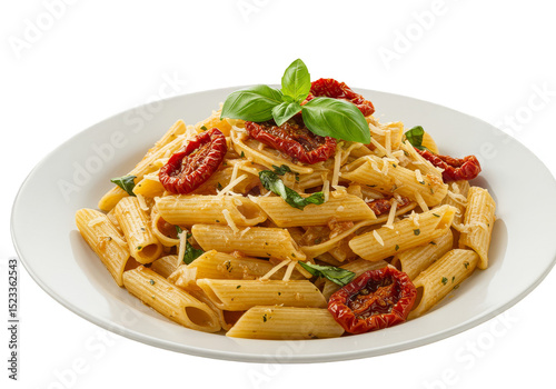 Isolated PNG of Penne Pasta Dish with Tomato Basil and Cheese on Plate