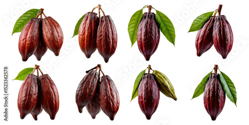 Cacao Pods with Leaves Displayed in Various Arrangements, Isolated on Transparent, white background