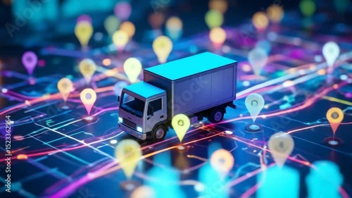 Smart Logistics Network Delivery Truck Route Optimization Mapping Technology. Clean delivery – no audio, full creative freedom

