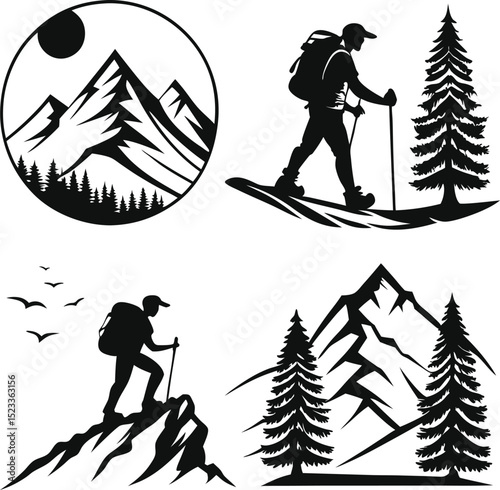 black and white silhouettes depicting mountain landscapes with pine trees and hikers.