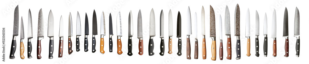 Various Kitchen Knives on Display with Different Blade Styles and Handles, Isolated on Transparent, white background Various Kitchen Knives on Display with Different Blade Styles and Handles, Isolated on Transparent, white background