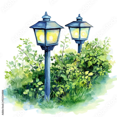 watercolor of Solar Garden Lights, vector high quality, isolated on a white background.