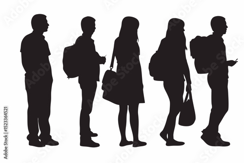 Silhouettes of people standing in a line with bags and backpacks waiting patiently in the queue