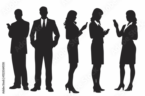 Silhouettes of business people using their phones standing in a group together in black and white