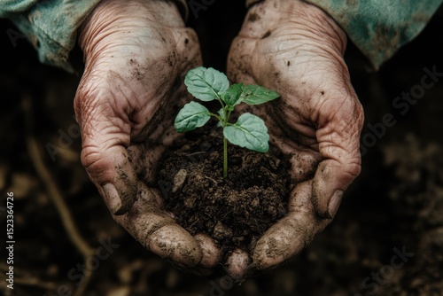 Hands holding a seedling with soil, representing growth and care. use cases: agriculture, environmental projects, and nature photography.