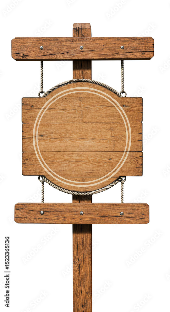 Naklejka premium Isolated Rustic Wooden Signboard with Empty Circle Frame Advertisement