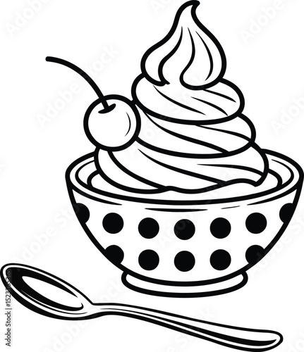 Ice Cream Sundae Clipart with Cherry and Spoon – Black and White Dessert Bowl Illustration