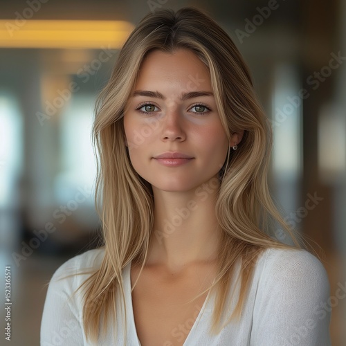 Free Download Natural Beauty Portrait of Young Woman with Blonde Hair in Casual Clothing. Sophisticated Style & Genuine Smile - GFXLoad