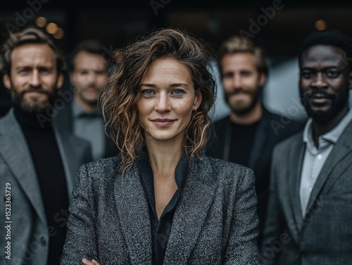 Female-Led Executive Team, Confident Woman in Tweed Blazer Crossing Arms Leading Quintet with Dark Professional Portrait