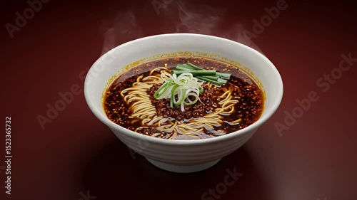 Hot dan dan noodles in bowl with steam