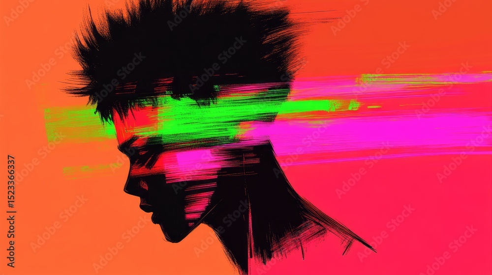 Obraz premium Vivid portrait Black silhouette, colorful strokes over orange background