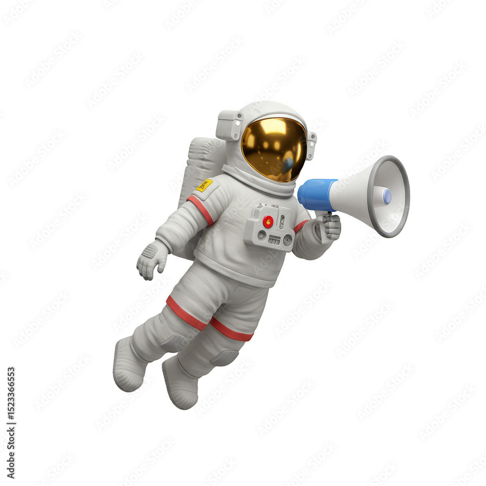 Isolated 3D Render Of Astronaut With Megaphone Making An Announcement Isolated 3D Render Of Astronaut With Megaphone Making An Announcement