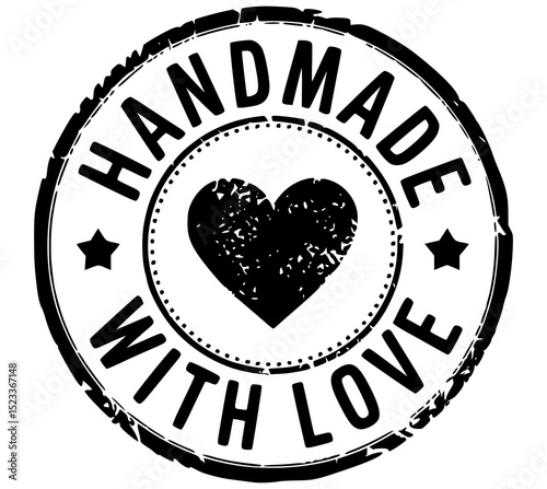 Handmade with Love black circle distressed stamp style logo with heart and stars