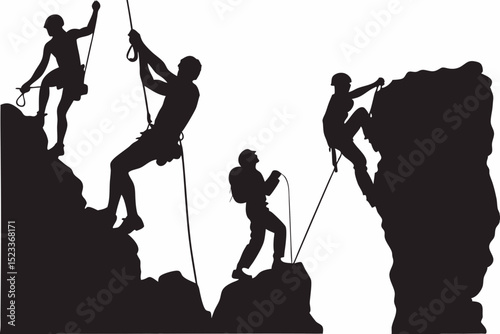 Silhouette of climbers ascending and descending rocks with ropes in a dynamic outdoor adventure scene