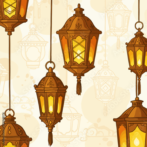 A collection of ornate lanterns with intricate designs, glowing in warm yellow and orange tones. The lanterns hang against a soft background of swirls, creating an atmosphere of warmth and festivity.