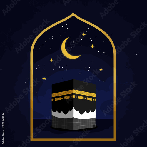 A stylized depiction of the Kaaba, the holiest site in Islam, framed by a traditional arch. The image highlights the black and gold structure of the Kaaba, set against a soft, beige background.