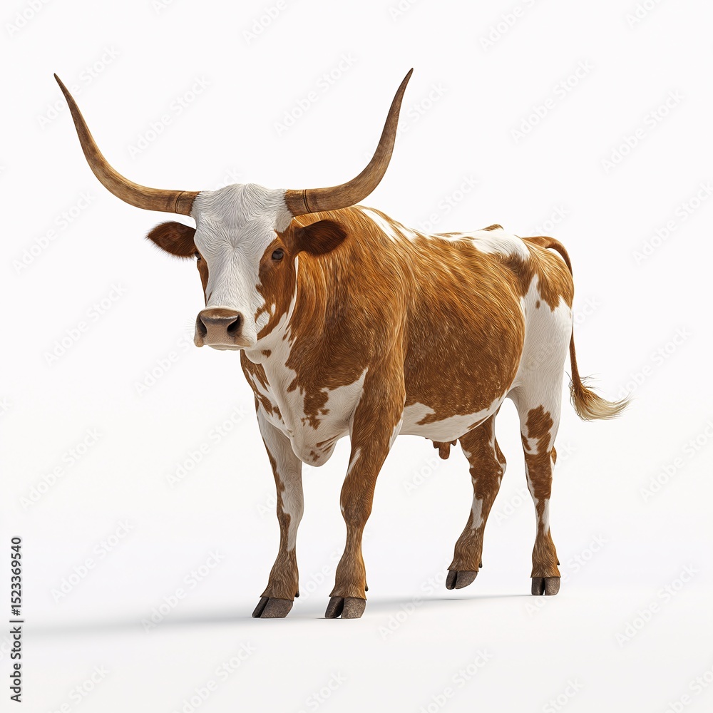 Naklejka premium Longhorn Cow in Meadow. Rural Pasture Livestock Portrait for Sustainable Agriculture