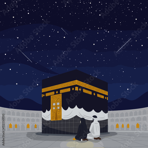 A nighttime scene of the Kaaba surrounded by worshippers. The building is illuminated under a starry sky, with the soft glow of light reflecting off the stones and casting long shadows.