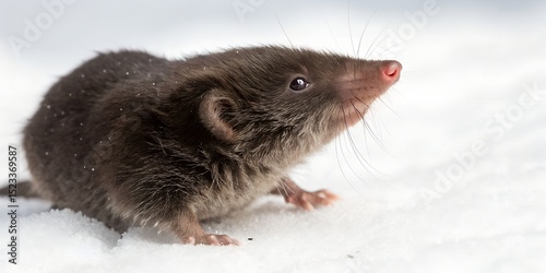 Close up of a Eurasian badger standing on snow illuminated by winter sunlight