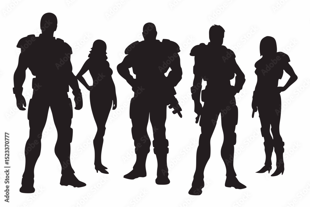 Obraz premium Silhouette illustration of five futuristic soldiers standing in a group formation together