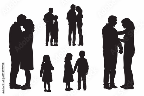 Silhouettes of families and couples in various poses and interactions on a white background space view