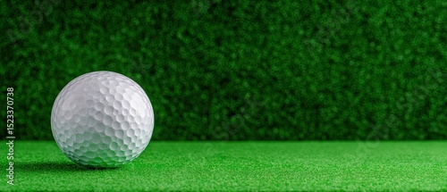 A dimpled golf ball rests on a lush green surface under even lighting conditions