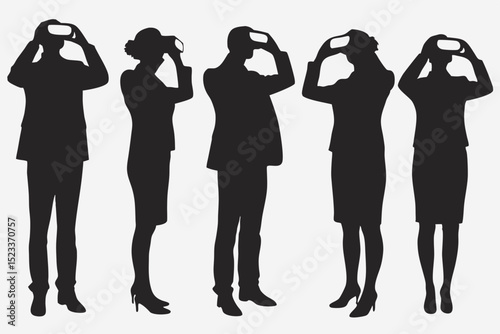 Silhouettes of people wearing virtual reality headsets in a row on a white background scene view image