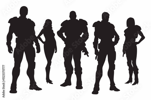Silhouette illustration of five futuristic soldiers standing in a group formation together