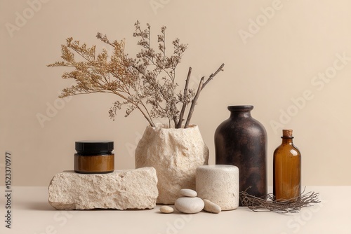 Brown Jar with Stone and Vase Still Life