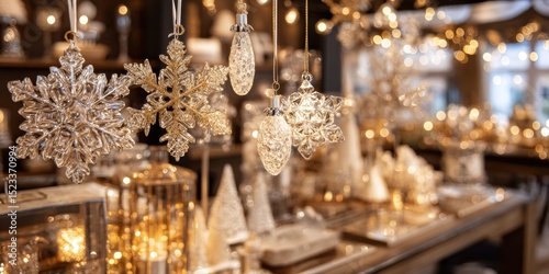 Colorful Christmas decorations hanging from the store ceiling, creating a festive holiday retail display.