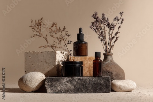 Cosmetic Product on Stone Platform with Dried Floral