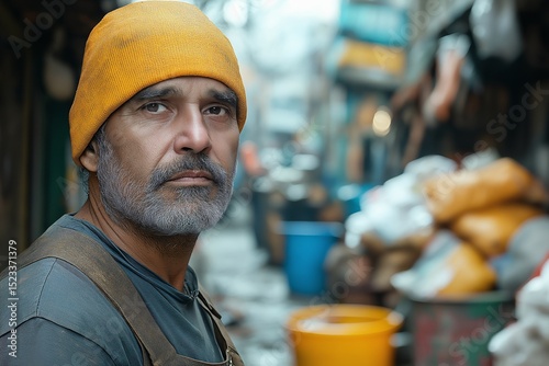 Focused Urban Worker Portrait - Mature Man in Casual Yellow Hat Exhibits Industrious Lifestyle in City Environment