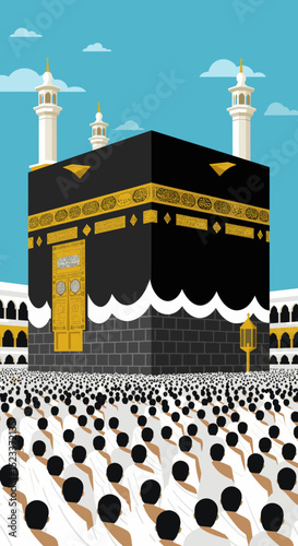 A vibrant illustration of the Kaaba, the sacred structure located in Mecca, surrounded by a large group of worshippers in white attire.